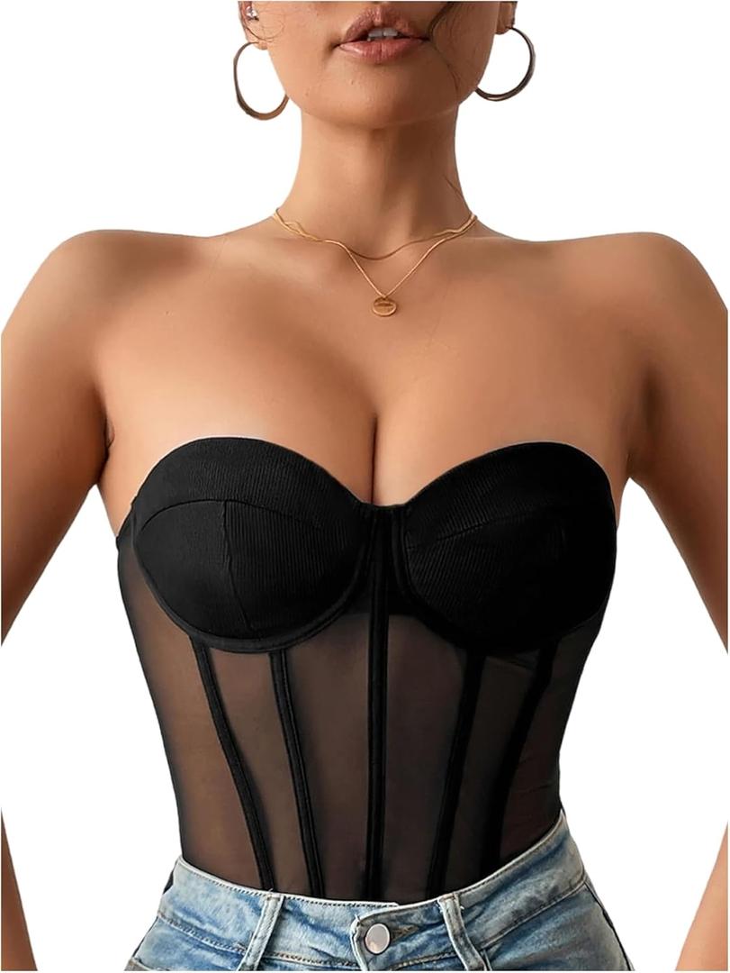 OYOANGLE Women's Mesh Strapless Corset Bodysuit Sleeveless Slim Fitted Tube Top Bodysuits Party Clubwear (Large, Black)