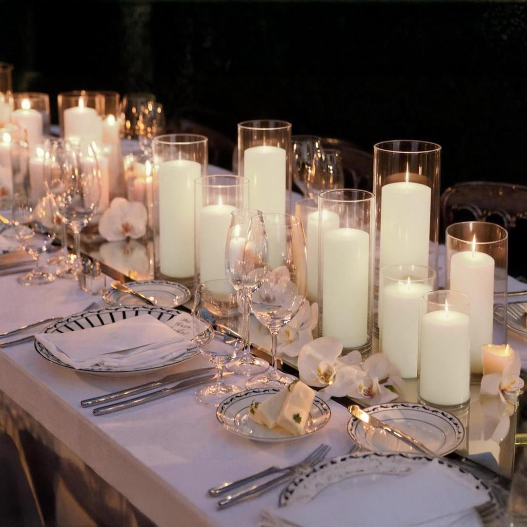 12-Pack White Pillar Candles (2''X3,4,6) & 12-Pack Glass Cylinder Vases(2.6''X5,6,8),Hurricane Candles,Wedding Centerpiece Decor Set-Mixed Heights for Table, Proposal, Event.