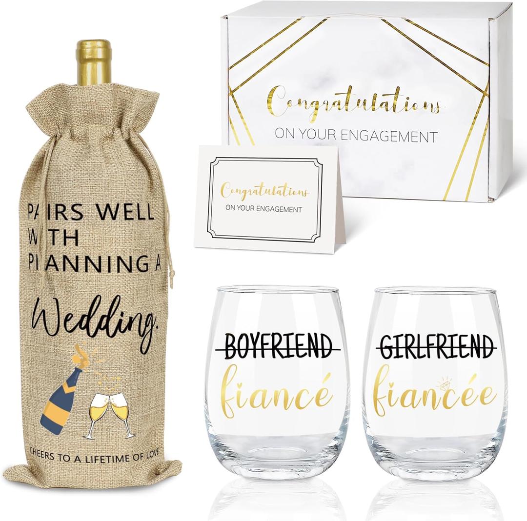 Frerdui Engagement Gifts for Couples, Boyfriend and Girlfriend Glass Engaged Gift Set with Bottle Bag, Fiance Fiancee Gift for Him and Her Bride and Groom, Wedding Bridal Shower Gifts for Newlywed, 1 Piece