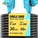 CircleCord 30 Amp 50 Feet RV Power Cord with 90 Right Angle Twist Locking, Heavy Duty 10 Gauge STW Pure Copper Wire with Grip Handle, TT-30P to L5-30R with Cord Organizer for RV Trailer Campers