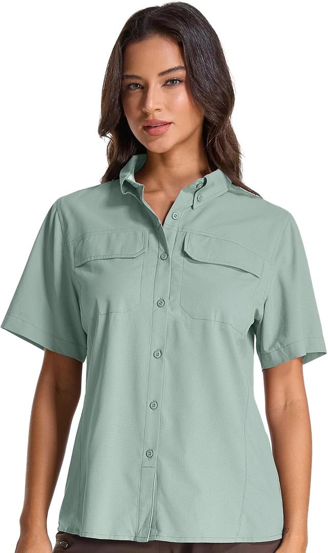 Womens Safari Hiking Sun Shirts Sun Protection Quick Dry Short Sleeve Button Shirts (Green, S)