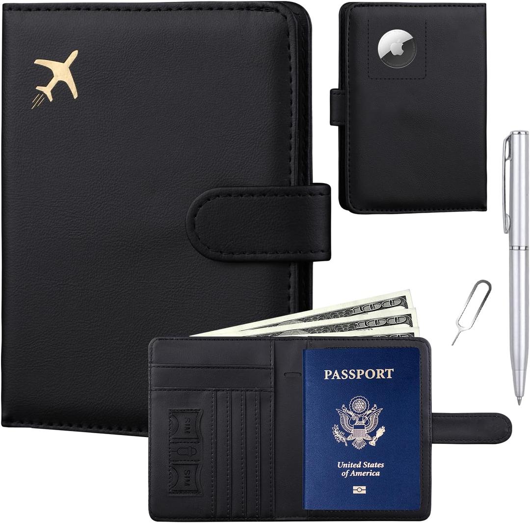GOAUS Passport Holder for Travel with AirTag Slot Cards Cash Pocket, Faux Leather Travle Wallet Gifts for Women Men RFID Blocking Book Case Black, AirTag Not Included