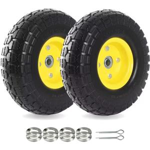 (2-Pack) 10-Inch Solid Tire Wheels - Replacement 4.10/3.50-4" Flat Free Tires and Wheels with 5/8" Axle Bore Hole Bearings, 2.17" Offset Hub -Perfect for Hand Truck, Wheelbarrow, Gorilla Carts