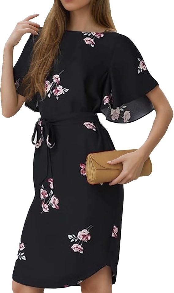 UTOKOTO Women's Summer Round Neck Mid-Length Printed Dress Classic Flared Cuff with Belt Casual Beach Mini Dress