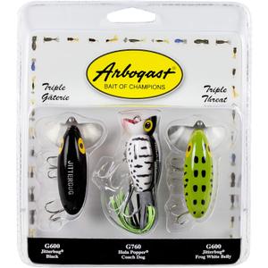 Arbogast Triple Threat Fishing Lure, Includes 2 Jitterbug Lures and 1 Hula Popper Lure, Freshwater Fishing Lures and Accessories