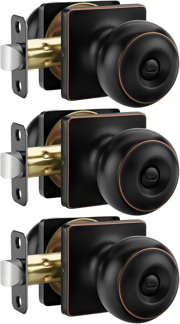 Haidms Bronze Door Knobs Interior, Square Bedroom Door Knob Bathroom, Bronze Interior Door Knobs Round Ball with Square Plate Coin Unlock 3 Pack (Oil Rubbed Bronze) Haidms Bronze Door Knobs Interior, Square Bedroom Door Knob Bathroom, Bronze Interior Door Knobs Round Ball with Square Plate Coin Unlock 3 Pack (Oil Rubbed Bronze)