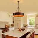 Modern Farmhouse Chandelier 26" Industrial Drum Pendant Lighting Fixture 5-Light Black Walnut Grain Finish for Dining Room Kitchen Island Office Living Room