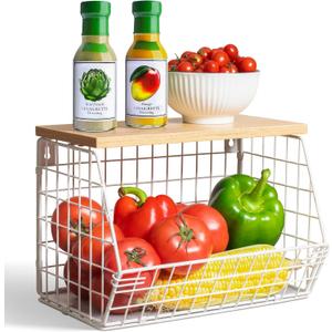 White Fruit Bowl Wire Basket Storage Pantry Fruit and Vegetable Storage Fruit Basket for Kitchen Counter Stackable Wall Mounted Hanging Basket Wire Basket with Wood Lid with Hanger Hooks (1x Medium)