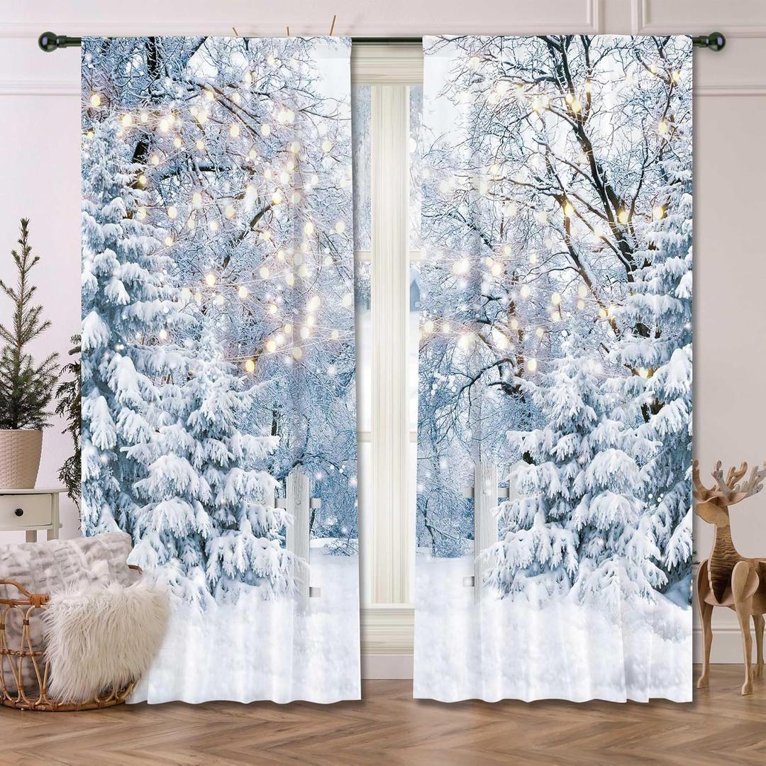 82" W x 84" L Winter Scene Window Curtain Blue Wonderland Snowflake Forest Landscape for Christmas Home Bedroom Living Room Decor Decorations with Fabric Machine Washable