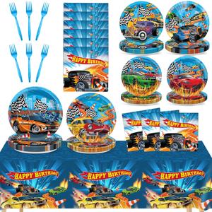 98 Pcs Race Car Party Supplies Hot Car Paper Plates Napkins Tablecloths Racing Theme Tableware Black White Checkered Table Cover for Kids Boys Baby Shower Birthday Party Decorations for 24 Guests (Blue)
