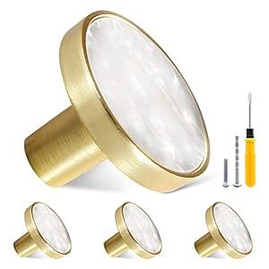 Cionyce 4 Pack Gold Knobs for Dresser Drawers, Brass Dresser Knobs Round Cabinet Knobs for Kitchen Cabinet Cupboard Door Decorative Furniture Hardware, 1-1/ 4" Diameter, White