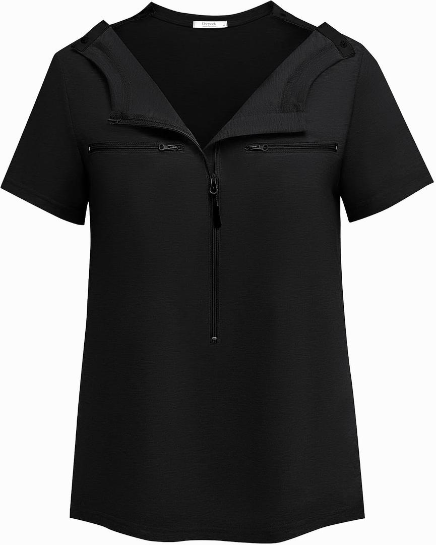 Deyeek Chemo Shirts for Port Access Women 2 Side Snap Short Sleeve Shoulder Surgery Rotator Cuff Dialysis Recovery Shirts (Black, S)