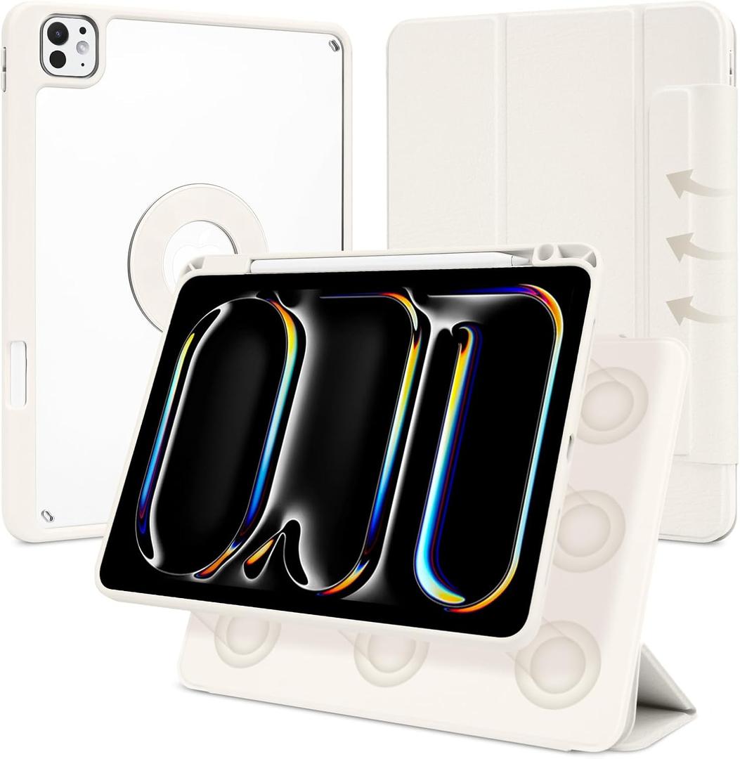 Case for iPad Pro 11 inch M5/M4 (2025/2024, 6th/5th Generation), Removable and Detachable Magnetic Cover with Pencil Holder, Vertical Adjustable Stand, Tri-Fold Multi-Angle, White