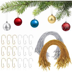 JUNEBRUSHS 120Pcs Christmas Ornament Hooks and Strings, Christmas Ornament Hangers with Snap Ornament String Hooks for Christmas Tree Holiday Party Hanging Decorations (Gold, Silver)