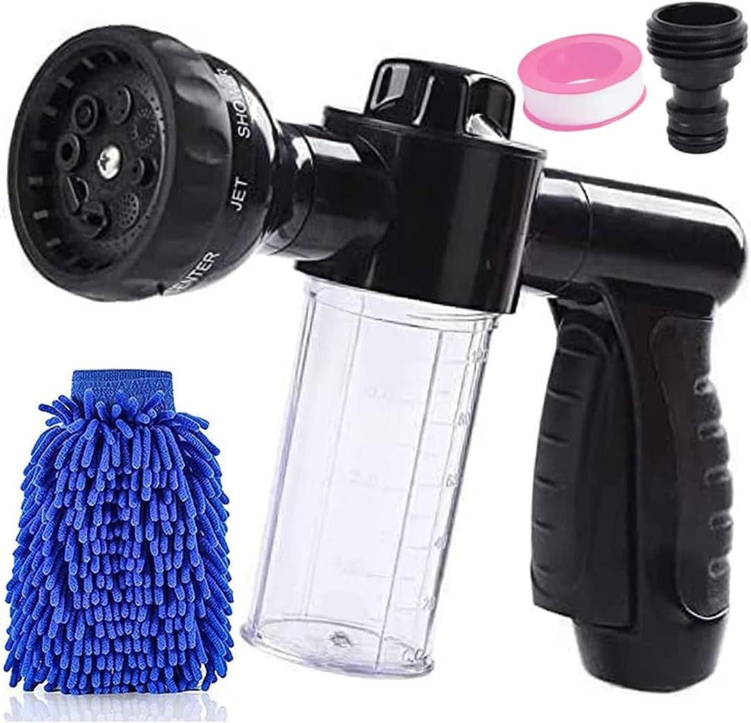 Garden Hose Nozzle Adjustable Hose Spray Nozzle High Pressure 8 Watering Pattern with 3.5Oz Soap Sprayer Power Garden Water Hose Foam Nozzle Sprayer for Car Washing Pet Shower, Shadow(Black)