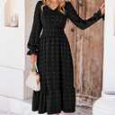 MASCOMODA Women Maxi Dress 2025 Fall Long Sleeve V Neck Swiss Dot Boho Smocked High Waisted A-Line Tiered Flowy Long Dresses (S)