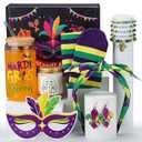 Daifunli 8 Pcs Mardi Gras Gifts Set for Women Purple Gift Basket Includes 17oz Coffee Glass with Lid Straw Scented Bracelet Hairband Socks Earrings Card Box for Carnival Holiday