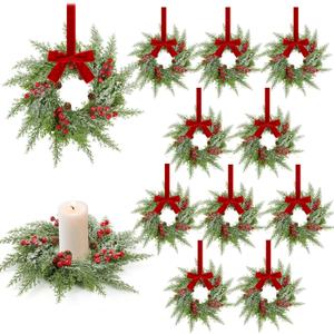 12 Pcs Mini Christmas Cabinets Wreath for Kitchen Small Christmas Ceder Candle Rings Wreaths Artificial Norfolk Pine Red Berry Garland Hanging Ornament Farmhouse Wreath for Holiday Xmas Party Decor