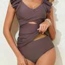 Aleumdr Two Piece Tankini Swimsuits for Women Cutout Tummy Control Bathing Suit Ruffled V Neck Tank Tops with Bottom (Brown, M)