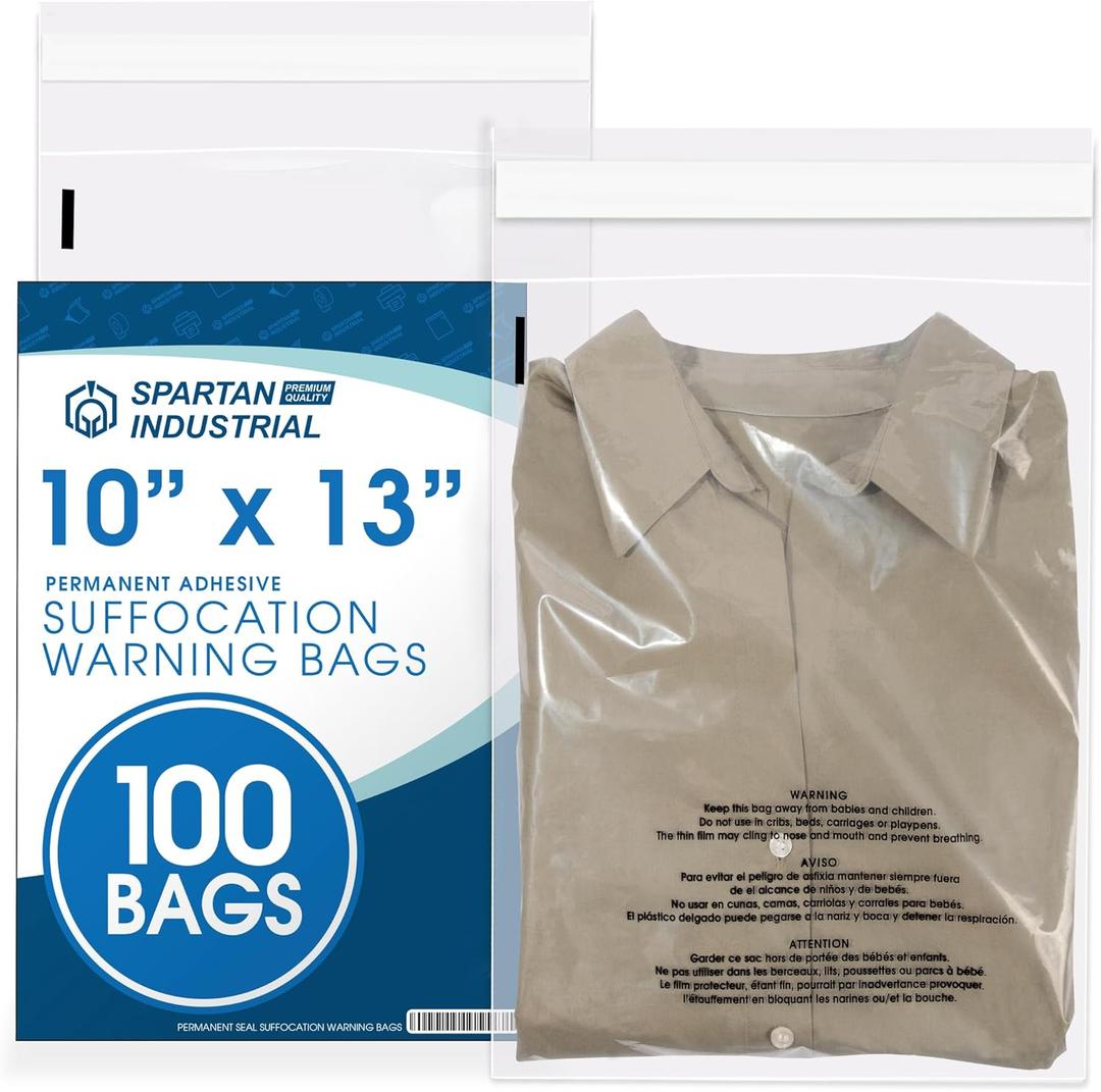 Spartan Industrial - 10 X 13 (100 Count) Self Seal Clear Poly Bags with Suffocation Warning for Packaging, T Shirts - Permanent Adhesive