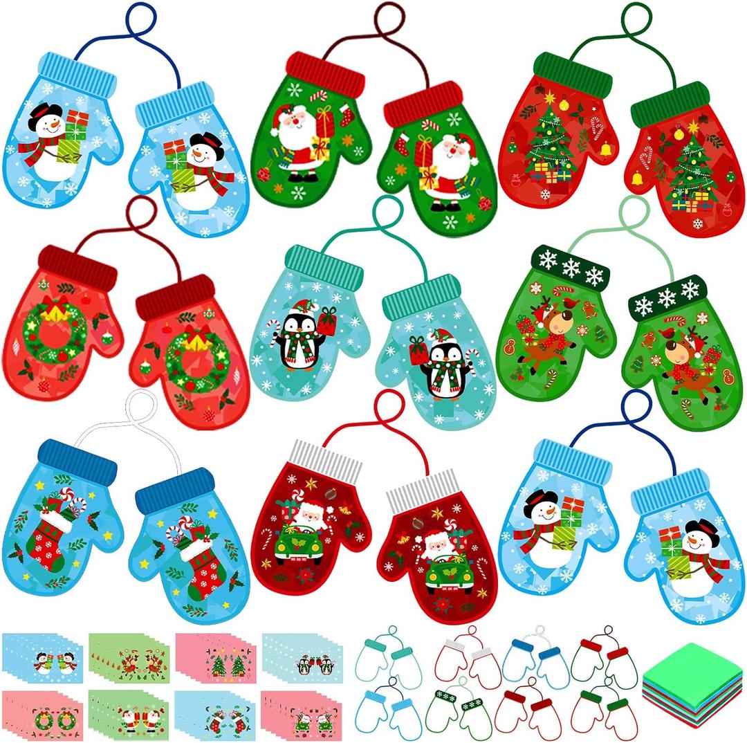 DoubleFill 48 Pcs Winter Gloves Suncatchers Craft Kits Ornaments DIY Stained Glass Effect Tissue Paper Kits Bulk for Window Decor Ornament Party Home Art Activities Favors