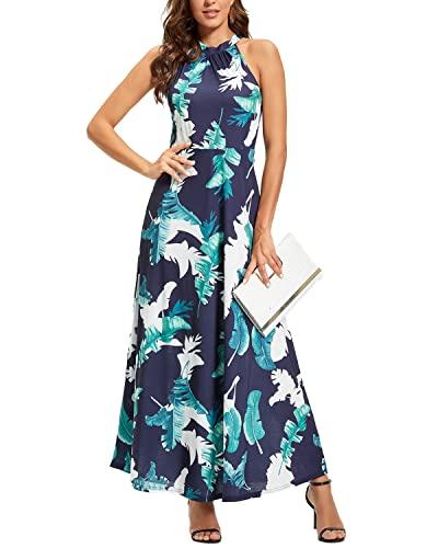 STYLEWORD Women's 2026 Summer Hawaiian Beach Maxi Dresses Tropical Halter Neck Vacation Long Dress Spring Trendy Outfits(Floral 01,L)