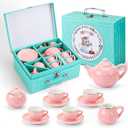 CHENP.HMC Tea Party Set for Little Girls, 13 Piece Sets Kids Tin Tea Party with Cups, Saucers, Plates & Serving Trays, Girls Birthday Gift (Pastel Polka Dots)