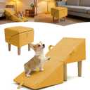 Split Ottoman Dog Ramp for Couch and Low Bed, 2-in-1 Foldable Dog Stairs for Small Dogs and Cats, Wooden Pet Ramp with Non-Slip Surface, Portable Step Stool Design, Orange