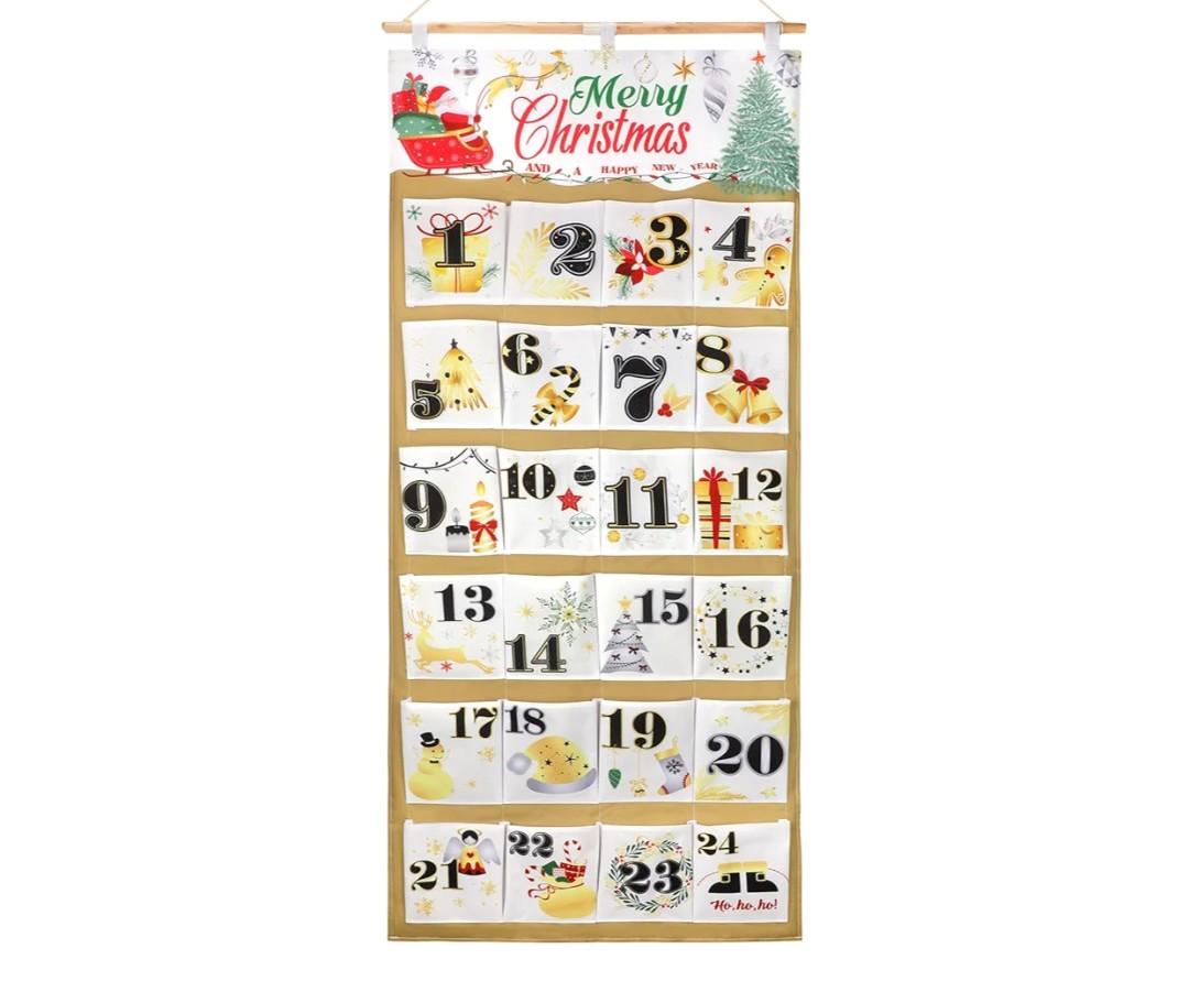 HOWAF Christmas Fabric Advent Calendar, 58 x 128 cm Fillable Advent Calendar 2025, Christmas Countdown Calendar with 24 Large Pockets to Fill Yourself, Hanging Calendar Countdown to Xmas