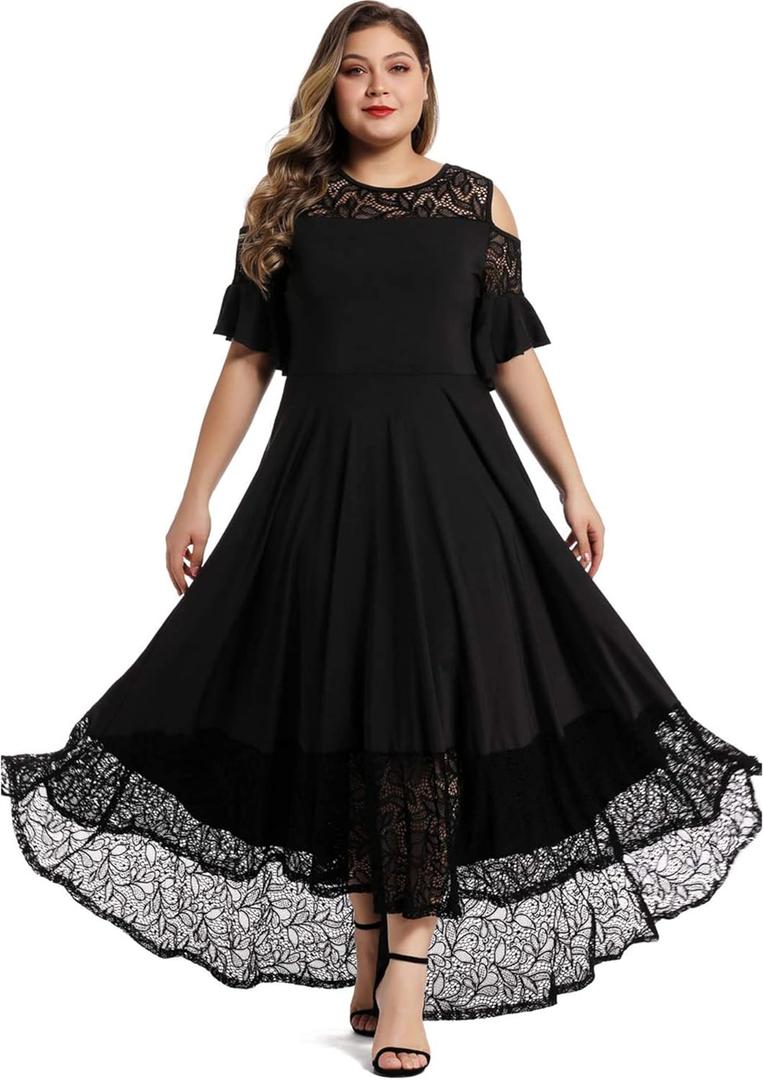 LALAGEN Womens Plus Size Lace Cold Shoulder Casual Long Plain Evening Party Maxi Dress L-5X (3XL)