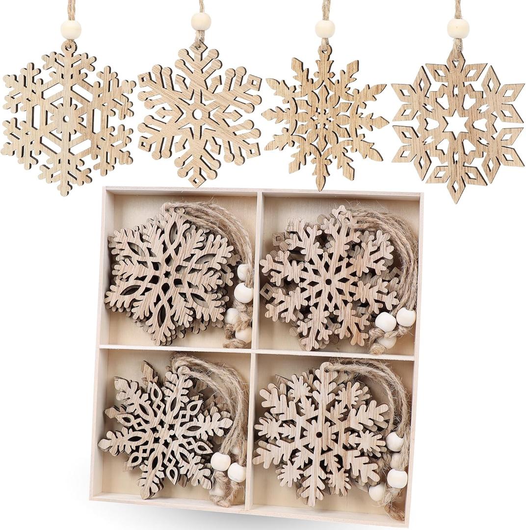 16pieces Wooden Snowflake Ornaments, 3inch Rustic Snowflakes Christmas Ornaments for Crafts Christmas Tree Boho Winter Decoration Gifts 8 Styles