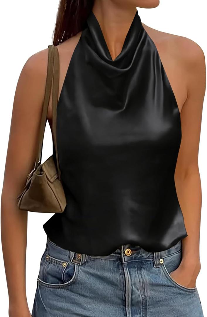 Cicy Bell Women Summer Satin Halter Tank Tops Y2k Going Out High Mock Neck Backless Cami Shirts Cute Party Camisole Tops (Black, XL)