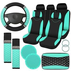 Fulmoon 17 Pcs Car Accessories Set for Women Seat Bling Leather Steering Wheel Cover Seat Belt Shoulder Pad Armrest Cup Holders Covers Full Crystal Decor Automotive Interior(Mint Green and Black)