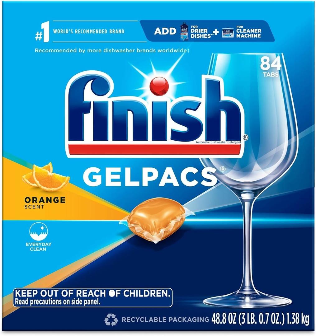 Finish Gelpacs Dishwasher Detergent Pods, Quick Dissolving Cleaning Power, Fights Grease & Dried-On Food, Easy-to-Use Pre-Measured Dishwasher Soap, Orange Scent, 84 Count
