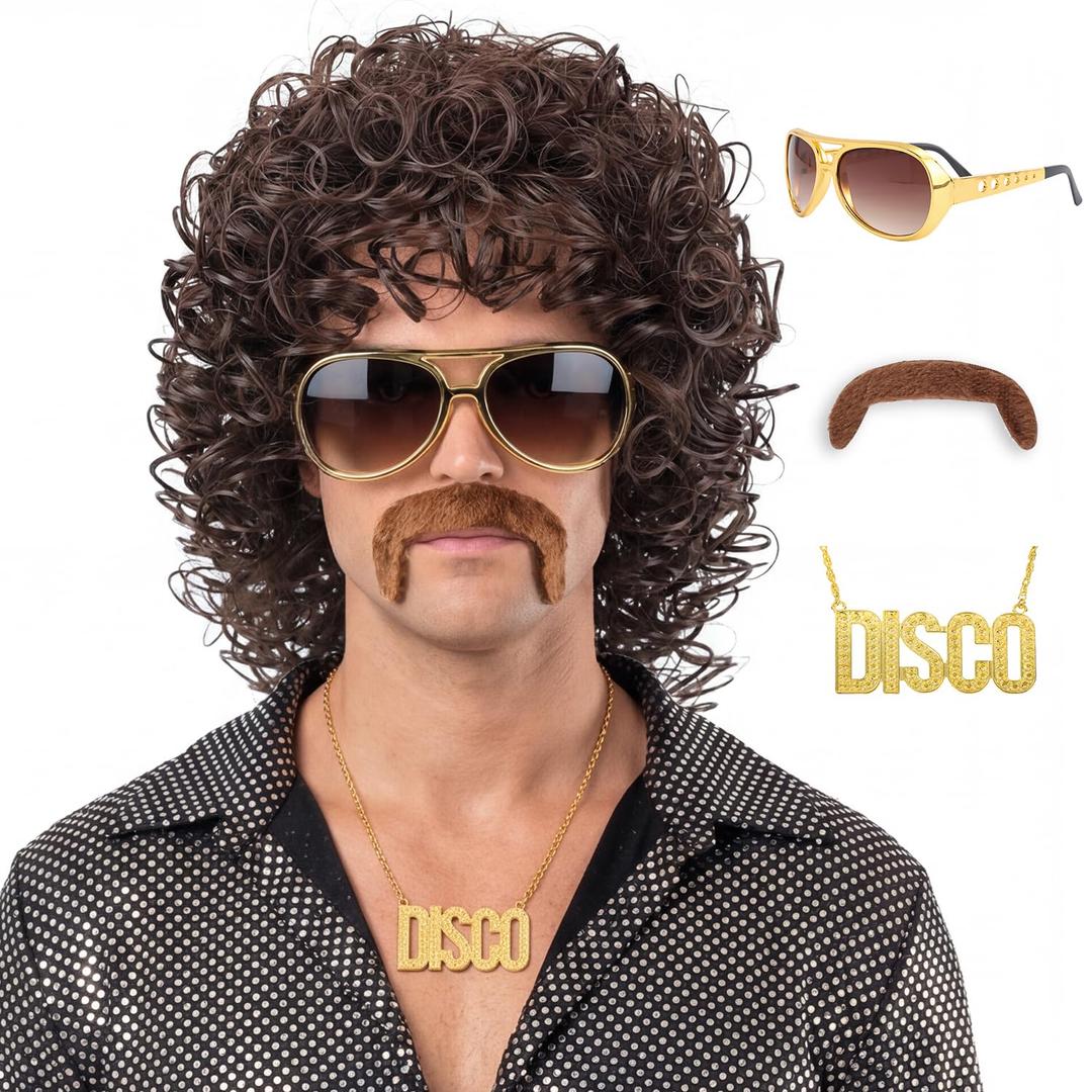 70s Wig for Men Funny Disco Hippie Wigs for Halloween Costume Party Short Brown Culry Wigs with Glasses Mustache Necklace (Brown)