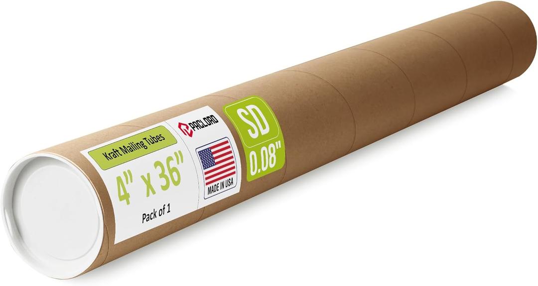 4" x 36" Reinforced Kraft Paper Mailing Tube, Pack of 1 Tube with 2 Caps  Secure USPS Approved Poster Tube  Made in USA Cardboard Tube for Shipping and Storing Posters, Prints, Artwork, or Documents