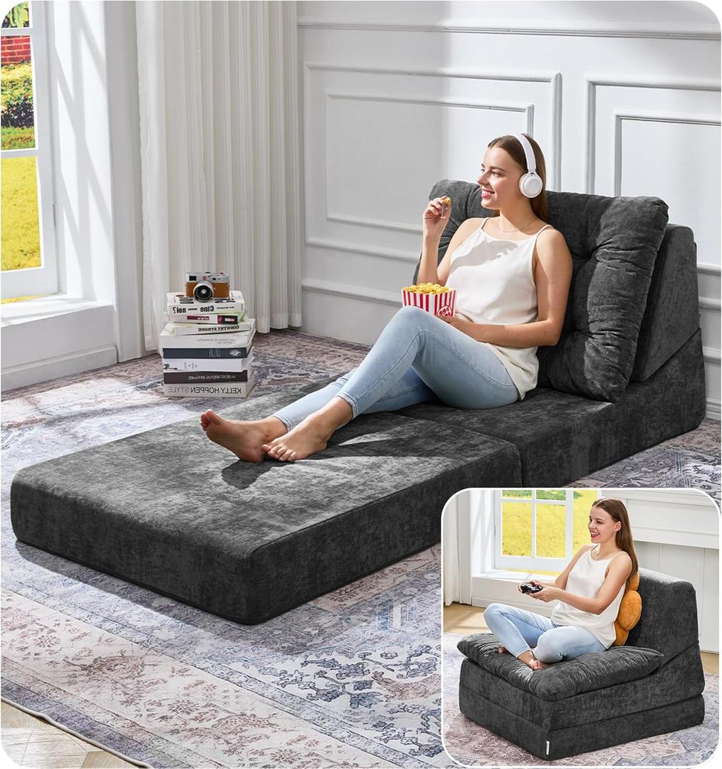 Hobestluk Sofa Couch Folding Sofa Bed Comfy Floor Lounger Convertible Sofa with Removable Cushion Couches for Small Spaces Foldable Mattress for Living Room Bedroom or Office (Chenille Grey, Large)