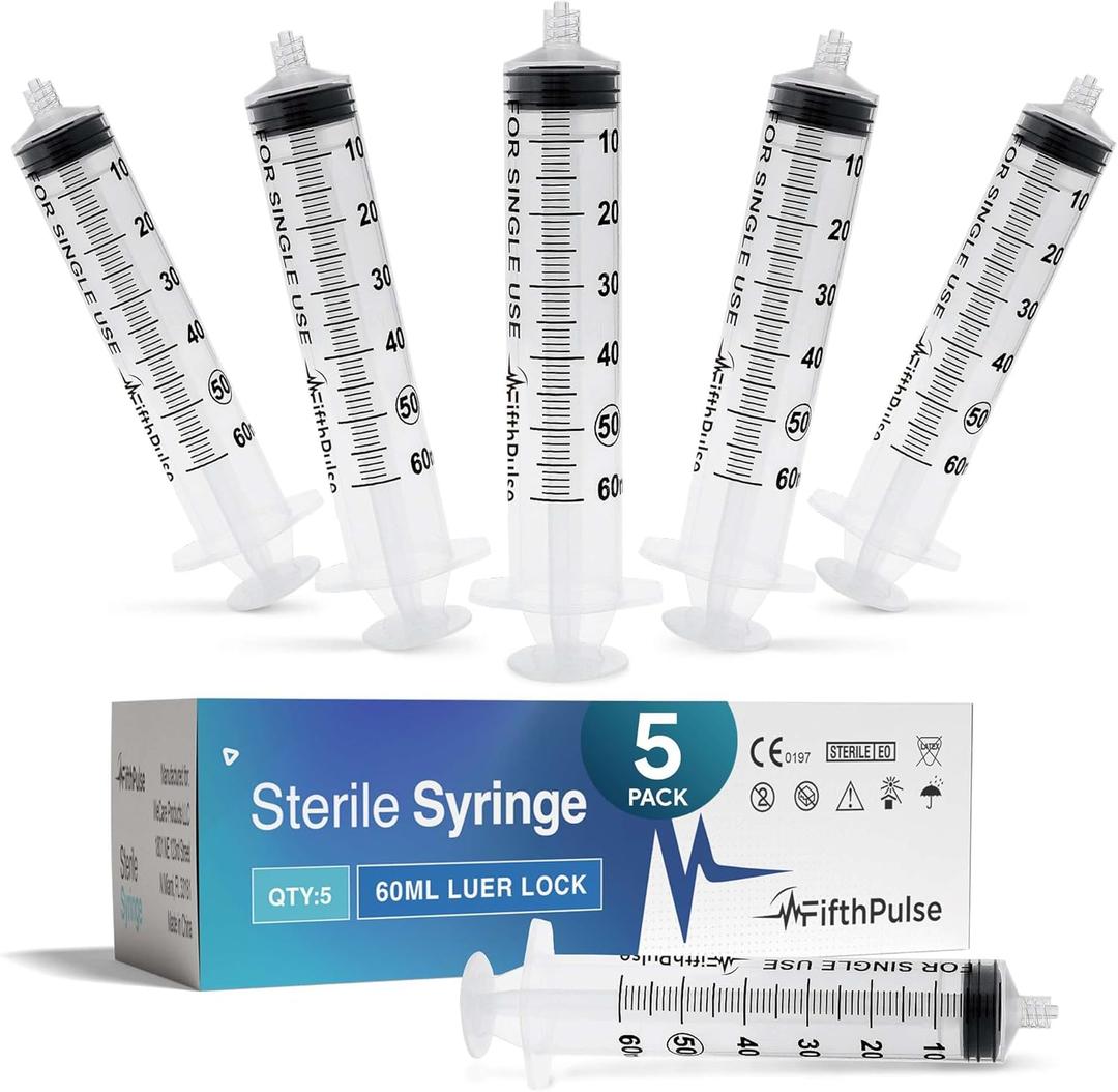 60 ml Syringe without Needle - 5 Pack of Individually Wrapped Disposable Syringes - Good for Medical, Scientific Lab, Home Use, and More - Sterile Luer Lock Syringes