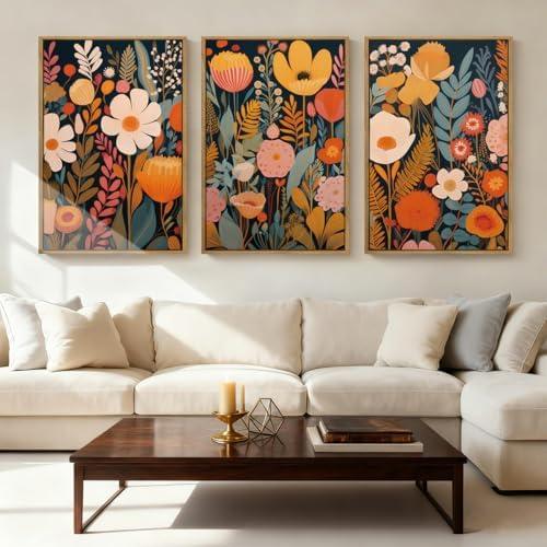IARTTOP Large Floral Framed Canvas Wall Art 16x24 Inch Orange Abstract Blossom Flowers Wall Decor Set of 3 Mid-century Modern Boho Botanical Art Prints for Living Room Bedroom Office