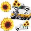 5 PC Sunflower Table Decor Summer Tiered Tray Decor Sunflower Tabletop Centerpieces Hello Sunshine Yellow Wooden Truck Sign Decorative Book Stack with Twine for Home Kitchen Shelf Office Desk
