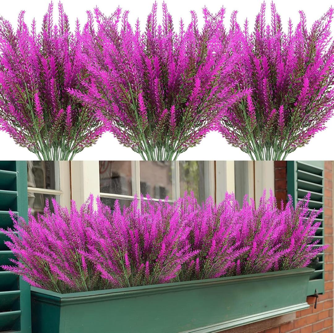 Artificial Lavender Flowers 12 Bundles Outdoor UV Resistant Fake Flowers No Fade Faux Plastic Plants Garden Porch Window Box Decorating (Fushia) (Lavender-Fushia)