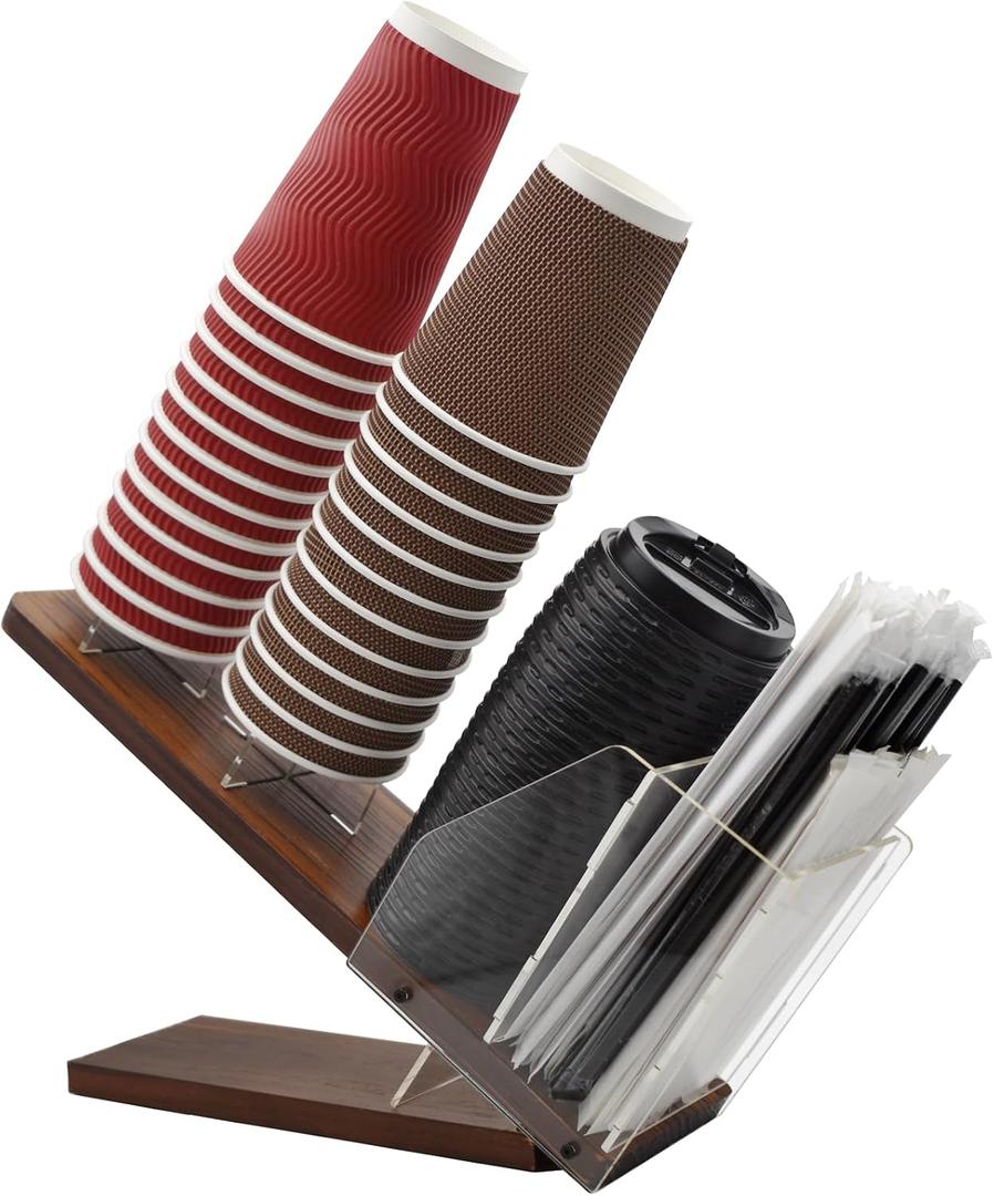 Paper Cup and Lid Holder with Straw Organizer, Adjustable Coffee Cup Holder Organizer, Disposable Cup Dispenser, Straw Holder for Home, Office and Caf Use,Wooden