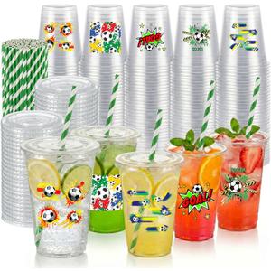 100 Sets Soccer Party Decorations Cups, 16OZ Disposable Plastic Drinking Cups with Lids and Straws for Sports Themed Tailgate Events Game Day Football Soccer Birthday Decor Supplies Favors 5Styles