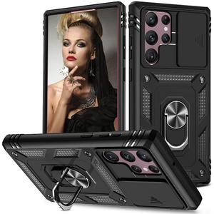 for Samsung Galaxy S22 Ultra Case with Slide Camera Cover&Card Slot& Ring Kickstand Shockproof Military Grade Heavy Duty Case Support Car Magnetic Holder for Galaxy S22 Ultra 6.8"-Black