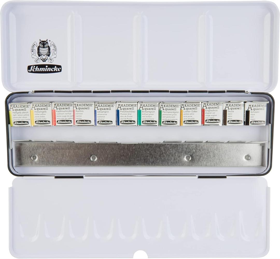 Schmincke - AKADEMIEAQUARELL Watercolor Box, Basic Assortment 12 x 1/2 Pans + Space for Additional 12 Pans, 75 412 097, Metal Box, Fine Artists' Watercolors