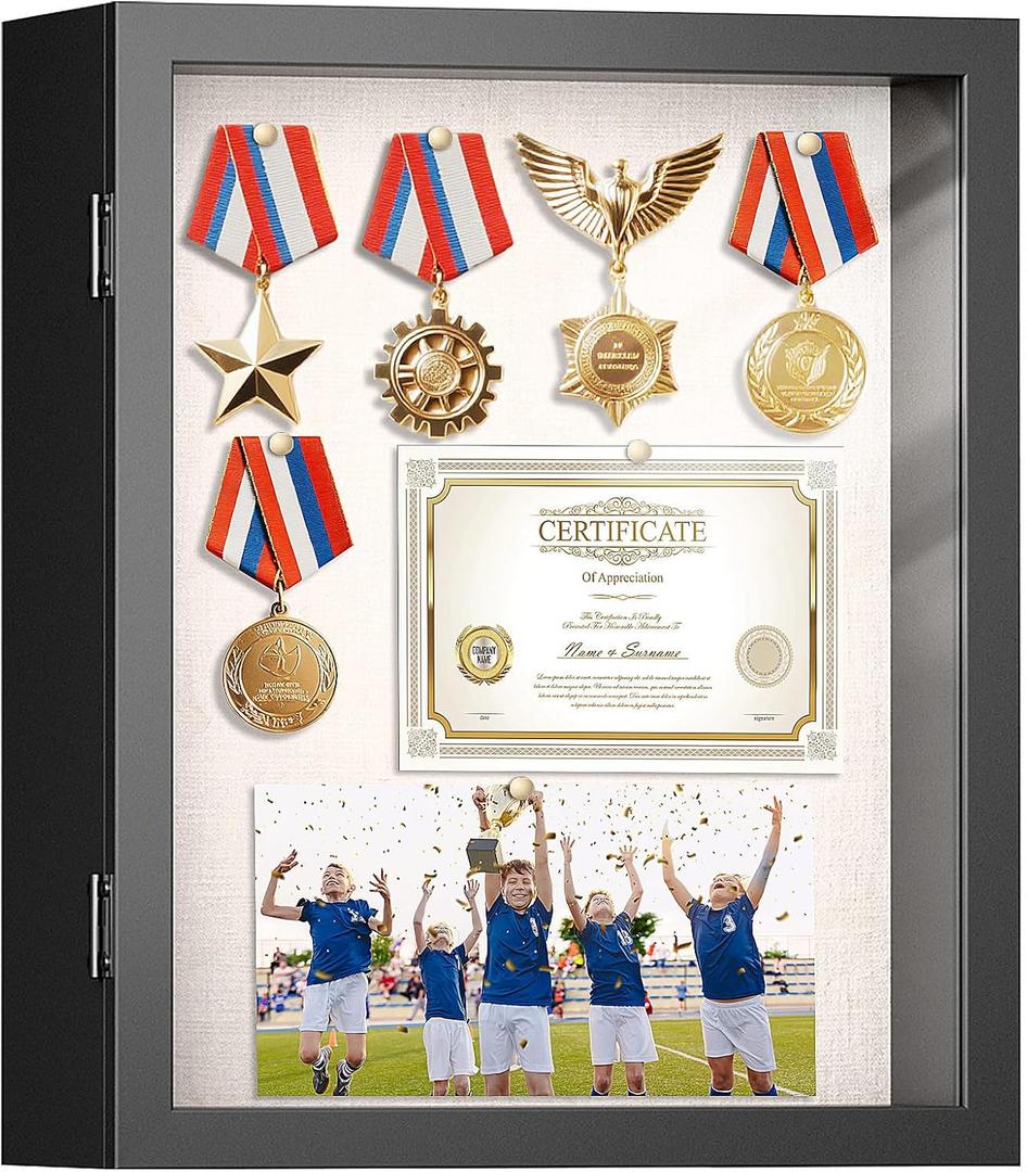 9x11 Shadow Box Frame with Shatter-Resistant Glass, Shadow Box Display Case with Soft Linen Back for Tabletop and Wall Display, Memory Box Display Case for Flower, Tickets, Magazine and 3D Items