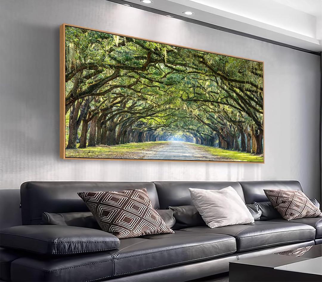 arteWOODS Green Forest Framed Canvas Wall Art Oak Trees Covered Lane Pictures Art Print Green Nature Landscape Artwork Oak Trees Lined Road at Georgia, Natural Wood Frame, Ready to Hang, 20" x 40"