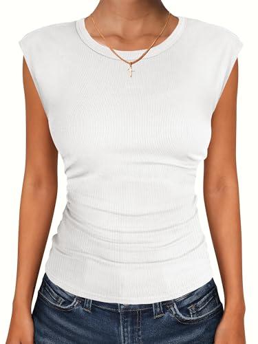 ANRABESS Womens Tops Cap Sleeve Crewneck Shirts Casual Ribbed Knit Slim Fit Ruched Summer Basic Tee Tank 2026 Trendy Clothes White Large