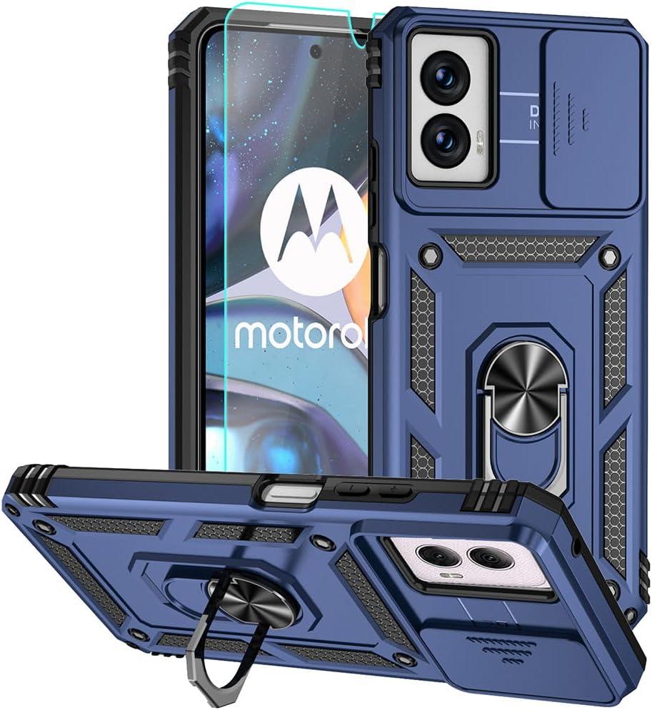 for Moto G Power 5G 2024 Case, Silicone Rubber Bumper Hard Plastic Phone Case with [Sliding Camera Lens Cover] [360 Rotatable Kickstand Ring] [HD Screen Protector] for Motorola G Power 2024 Blue