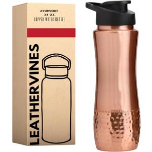Pure Copper Water Drinking Bottle with Sipper - Copper Hammered Ayurvedic Vessel For Drinking - Drink More Water, Reduce Sugar Intake - Ayurveda Health Benefits - 34 Oz